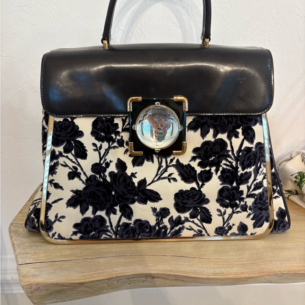 Tory Burch Black and Cream Floral Satchel